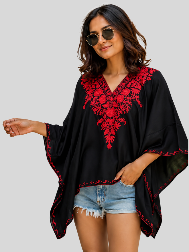 Women's Cotton Kashmiri Aari Embroidered Kaftan Top, Boho Floral V-Neck, Summer Casual Wear | Length 25 Inch | Free Size |