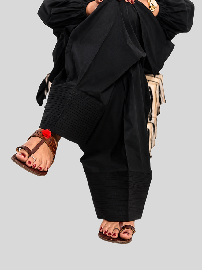 Women's Black Cotton Farshi Salwar with Textured Stitch Detail | Flared Traditional Pants | Wide Hem Ethnic Bottoms |