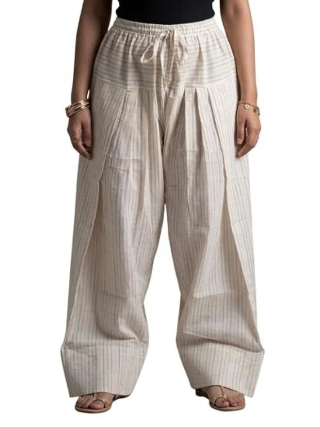 Women Cotton Farshi Salwar, Cream, Multicolor Stripes, Elastic Waist with Drawstring, Kantha Work |